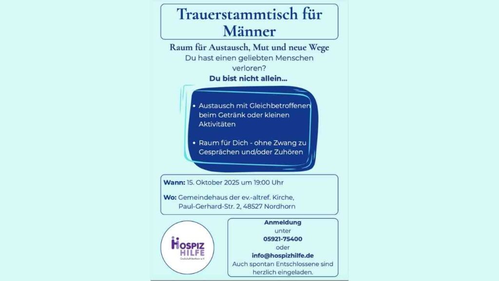 Flyer für Trauerstammtisch für Männer, 15. Oktober 2025, 19 Uhr, ev.-altref. Kirche, Nordhorn. Austausch und Unterstützung.