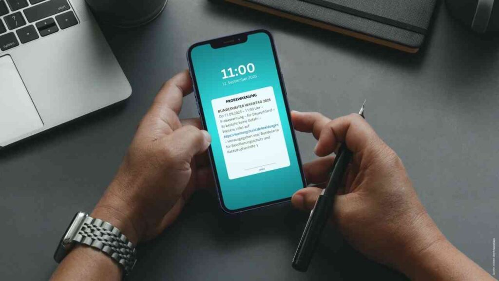 Smartphone zeigt Probewarnung beim bundesweiten Warntag 2025, gehalten von einer Person, neben einem Laptop.