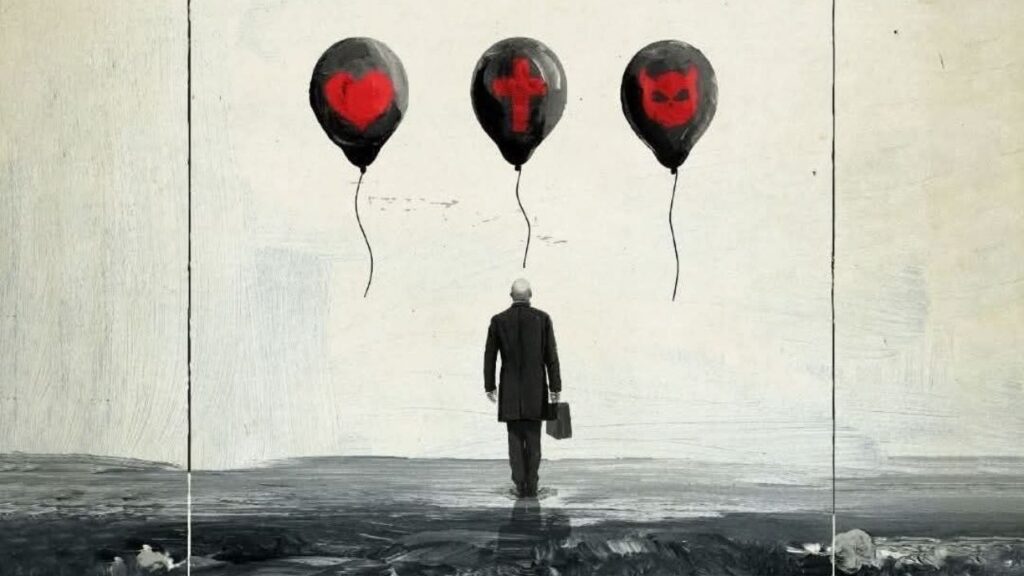 Person mit Aktentasche geht auf drei schwarze Luftballons mit Herzen, Kreuz und Teufelsgesicht in surrealer Landschaft zu.