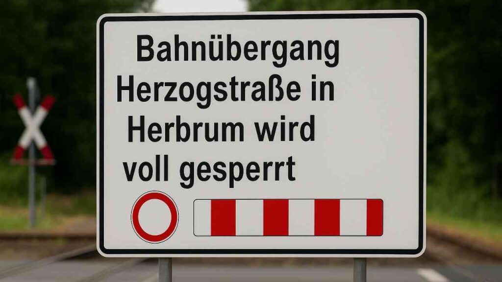 Bahnübergang Herzogstraße Herbrum gesperrt, Hinweisschild mit rotem Durchfahrtsverbot und Schrankenbalken.