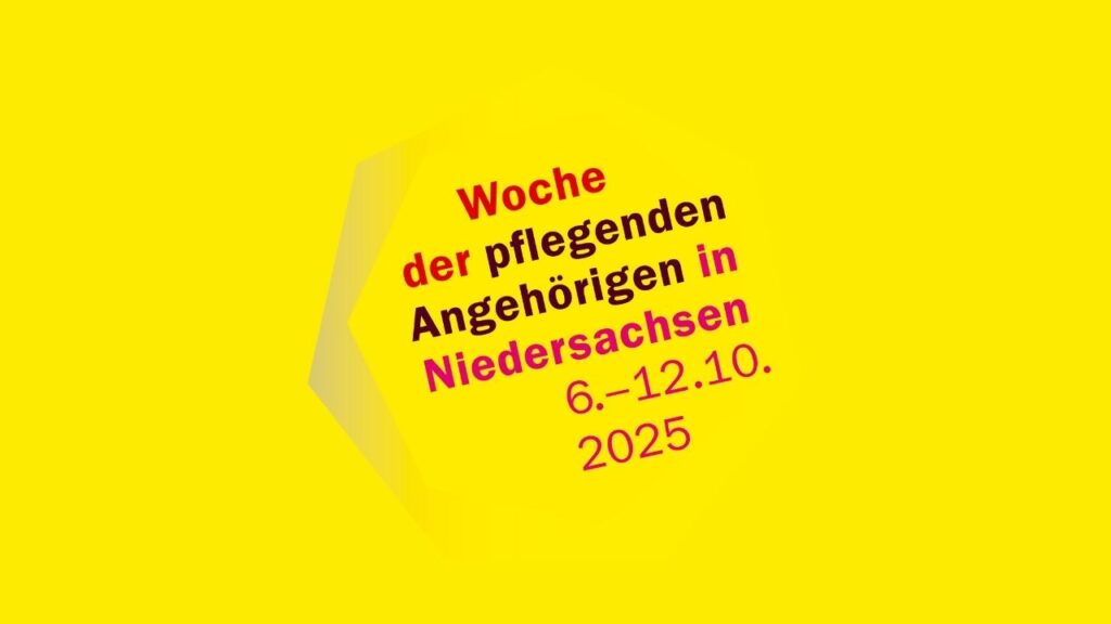 Woche der pflegenden Angehörigen in Niedersachsen 2025, gelbes Design mit Textdetails.