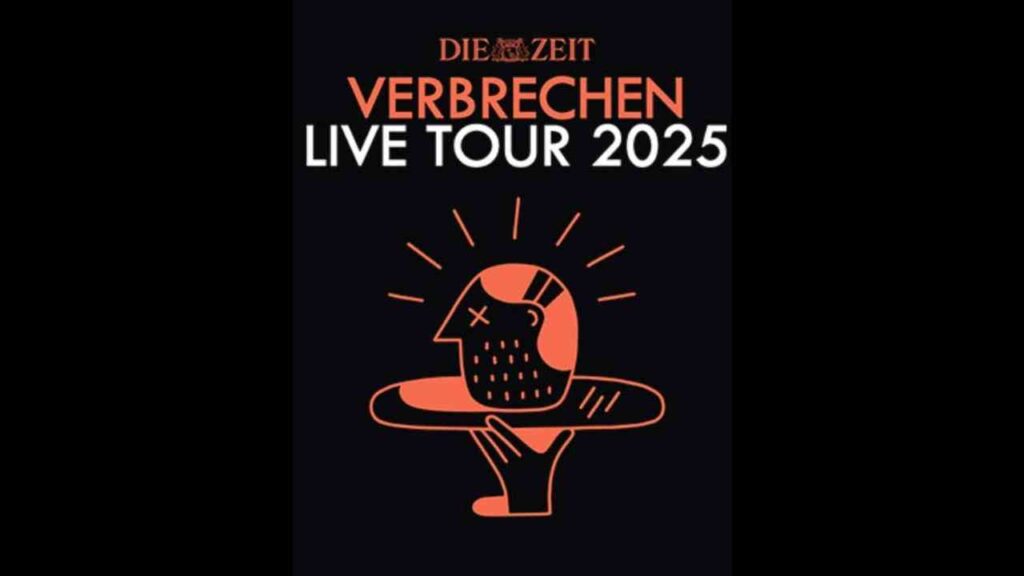 Plakat für Verbrechen Live Tour 2025 von Die Zeit, schwarzer Hintergrund mit stilisiertem Kopf und Hand in Rot.
