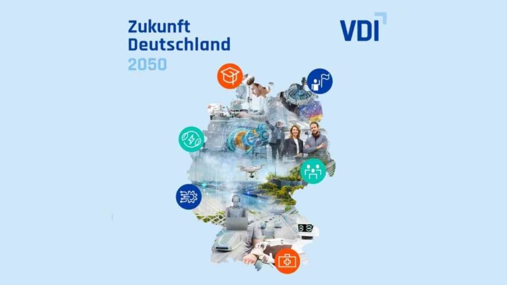 Futuristische Darstellung Deutschlands 2050: Symbole für Bildung, Energie, Technologie und Gesellschaft.
