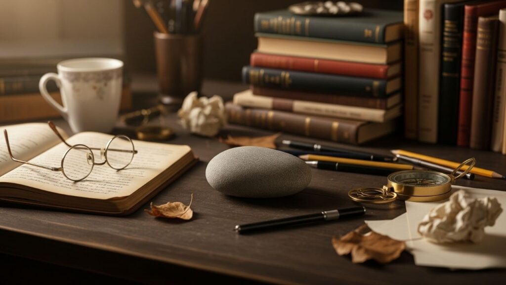 Alt-Text: Gemütlicher Schreibtisch mit Buch, Brille, Kaffee, Stift und Kompass, von Büchern umgeben, Herbststimmung.