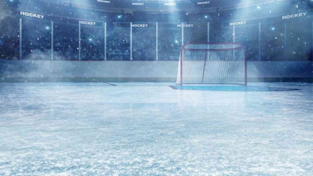 Eishockeyspielfeld mit Tor, beleuchtet in einer gefüllten Arena bei Schneefall. Ideal für Sport- und Event-Beschreibungen.