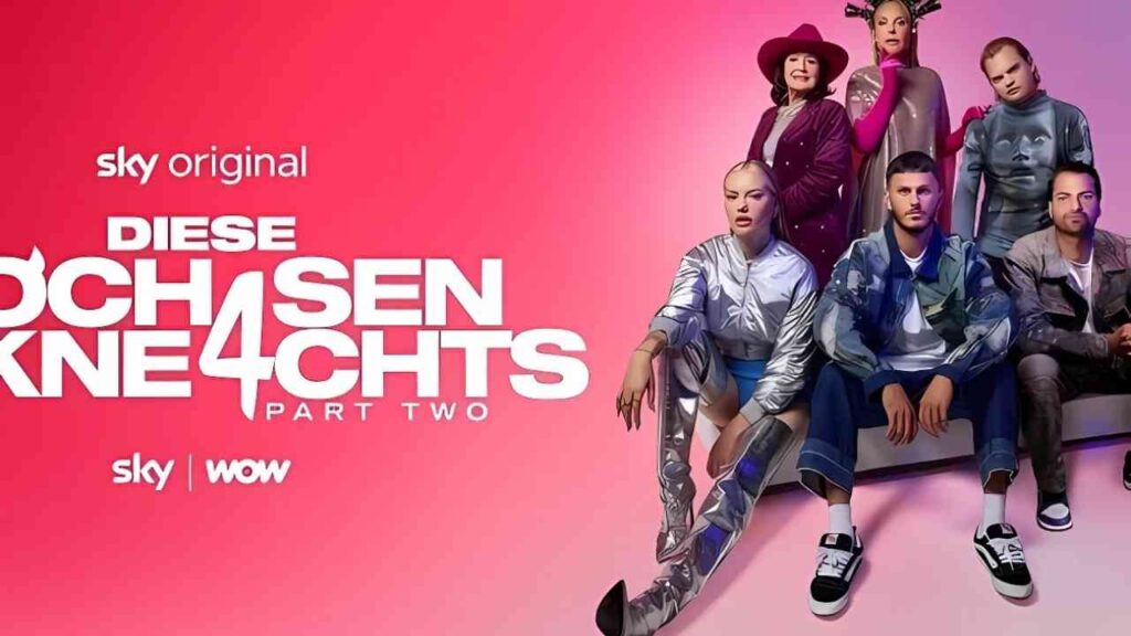 Bild von 'Diese Ochsenknechts - Part Two' mit stilvoll gekleideten Charakteren vor einem pinken Hintergrund, Sky Original-Serie.