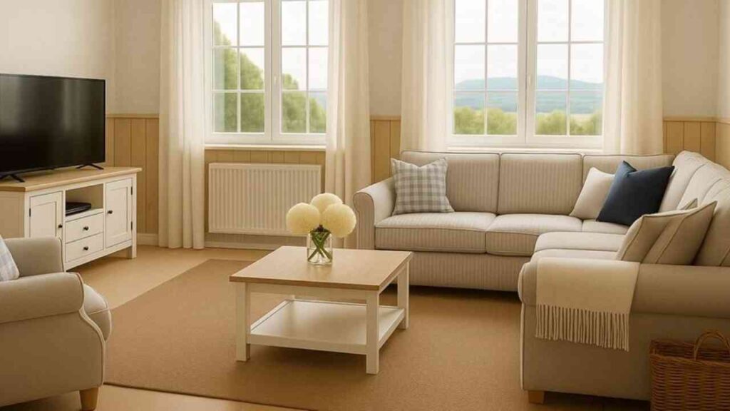 Gemütliches Wohnzimmer mit beiger Couch, Couchtisch, TV und großen Fenstern, die natürlichen Lichteinfall bieten.