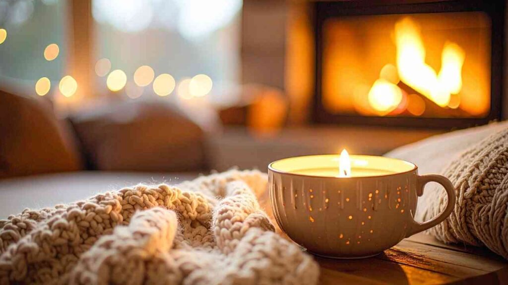 Eine Kerze in einer grauen Tasse auf einem Tisch, umgeben von einem warmen, gemütlichen Ambiente mit einem Kamin im Hintergrund.