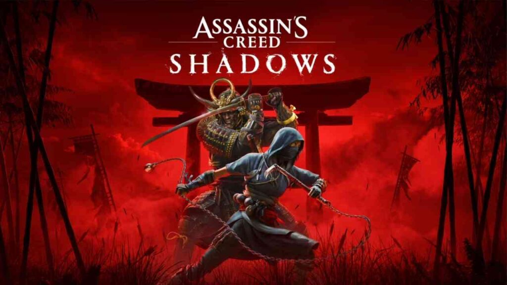 Charaktere aus dem Spiel Assassin's Creed: Shadows vor rotem Hintergrund mit japanischen Elementen.