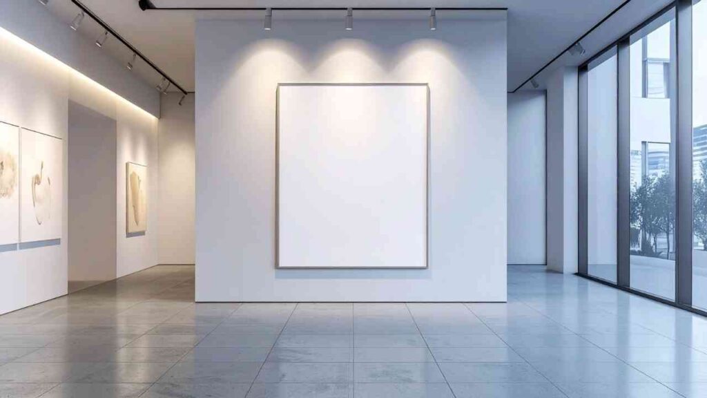 Leere Galerie mit einem weißen Rahmen auf einer Wand und beleuchtet von Deckenstrahlern.