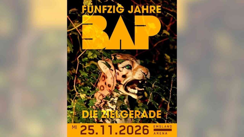 Plakat mit dem Text 'Fünfzig Jahre BAP' und einem Leopardenkopf auf gelbem Hintergrund.