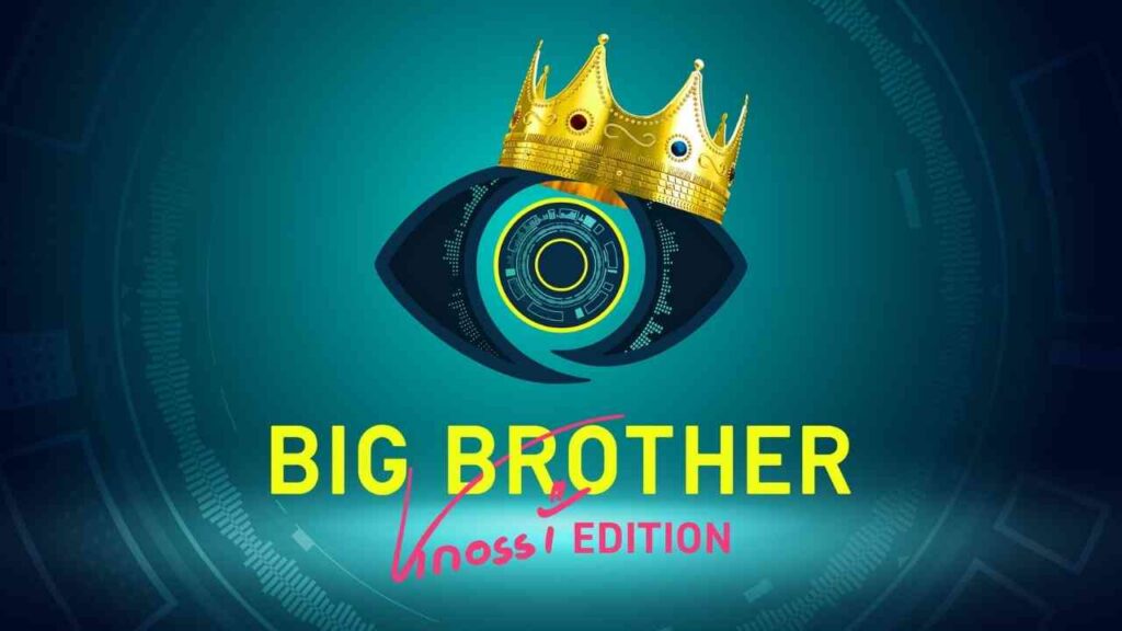 Logo von Big Brother Knossi Edition 2025 mit einem goldenen Krone und einem Auge auf blauem Hintergrund.