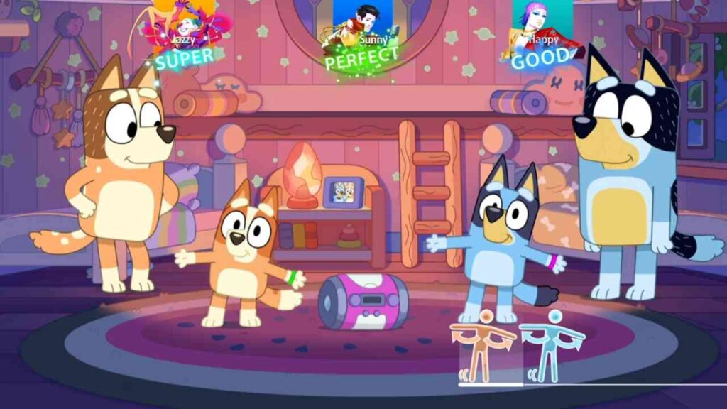 Animierte Hunde tanzen im Wohnzimmer mit farbenfrohem Hintergrund, Spielzeug und fröhlichen Ausdrücken.