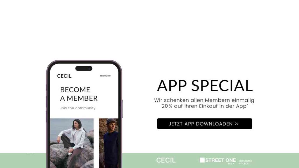 CECIL App-Icon und Logo mit 20% Rabatt Aktion für Mitglieder, die die App herunterladen.