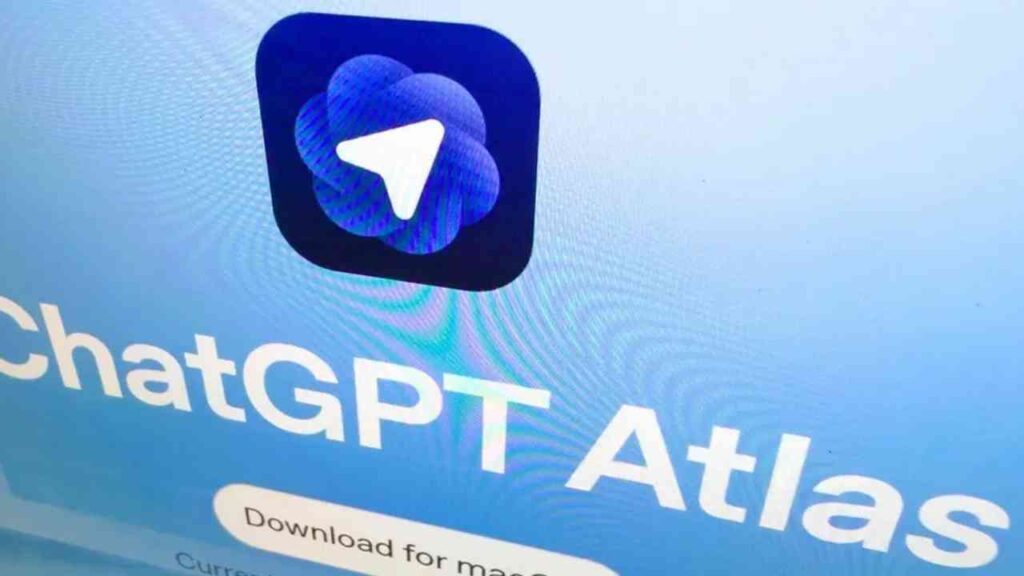 Logo der ChatGPT Atlas-Anwendung mit Download-Option für macOS auf einem Bildschirm.
