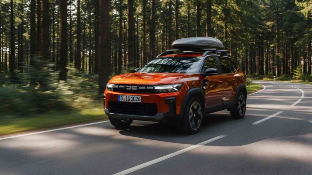 Dacia Bigster SUV in orange Farbe fährt auf einer kurvenreichen Straße durch einen Wald.