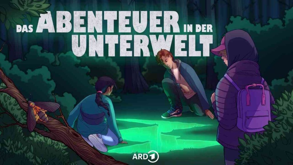 Illustration von drei Personen, die ein leuchtendes Symbol im Wald betrachten.