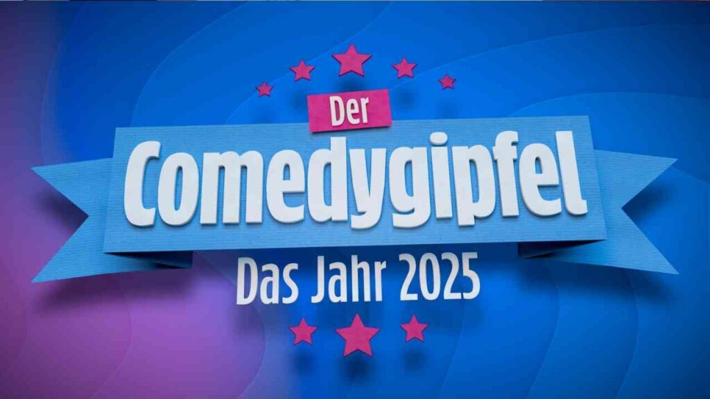 Grafik mit dem Text 'Der Comedygipfel Das Jahr 2025' auf einem blauen Hintergrund mit pinken Sternen.