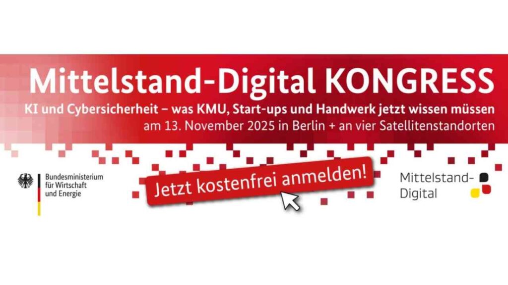 Banner für den Mittelstand-Digital Kongress mit Informationen zu KI und Cybersicherheit am 13. November 2025 in Berlin.