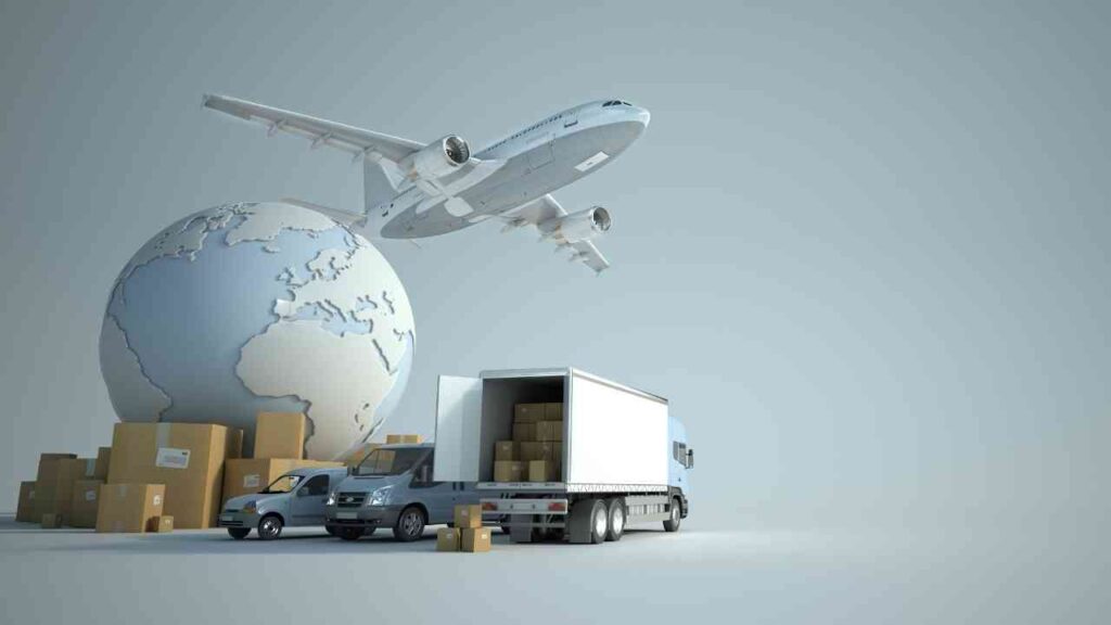Grafische Darstellung eines Flugzeugs, Lkw und Paketen neben einer Weltkugel.