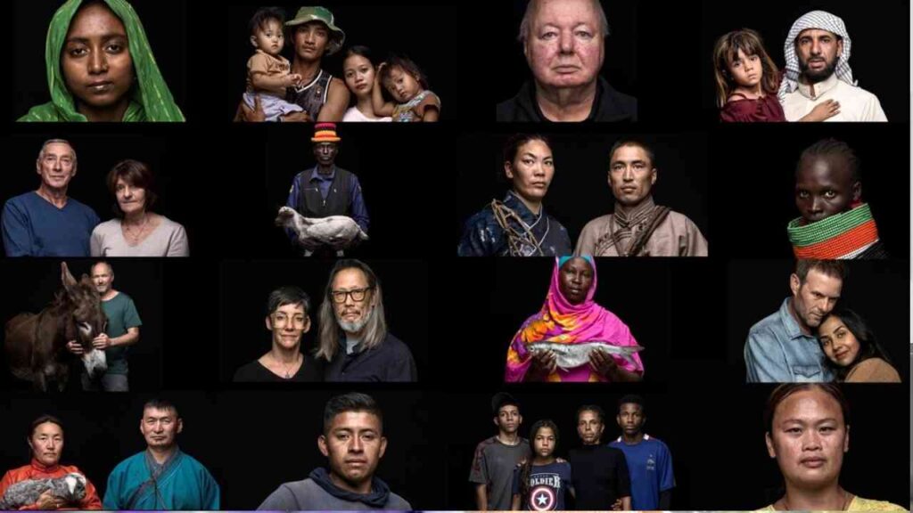 Porträts von verschiedenen Personen in einem künstlerischen Arrangement, das Vielfalt und menschliche Erfahrungen darstellt.