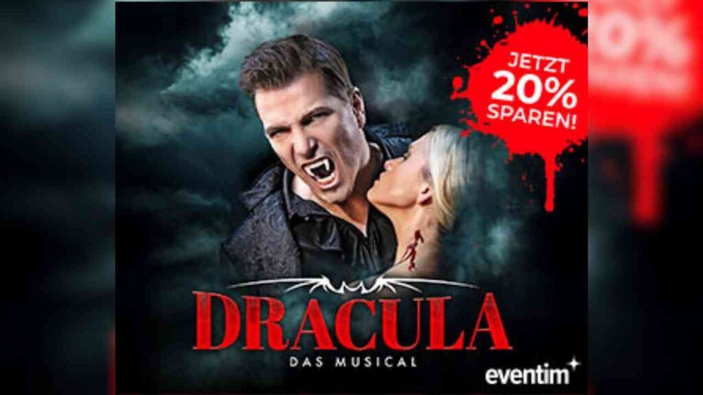 Plakat für das Musical Dracula mit einem Mann in einem schwarzen Umhang und einer Frau im Hintergrund.