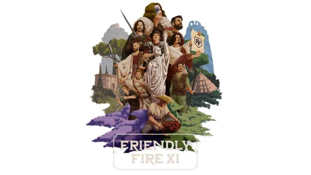 Illustration von Charakteren aus der Serie 'Friendly Fire XI', die verschiedene Szenen und Emotionen darstellen.