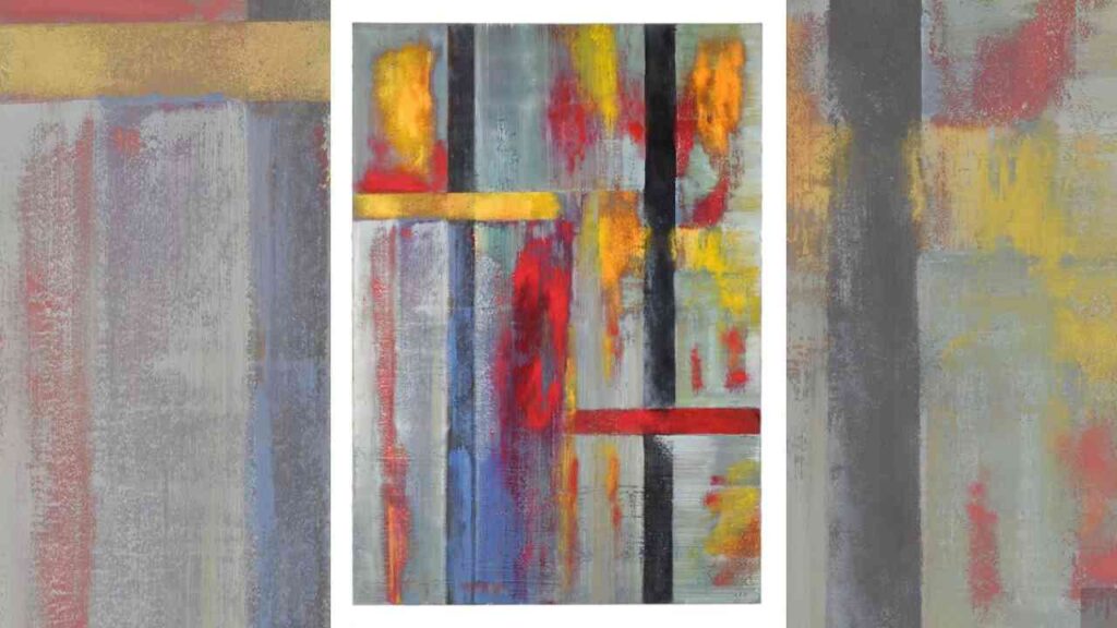 Abstrakte Malerei mit kräftigen Farben wie Rot, Gelb und Blau auf grauem Hintergrund.