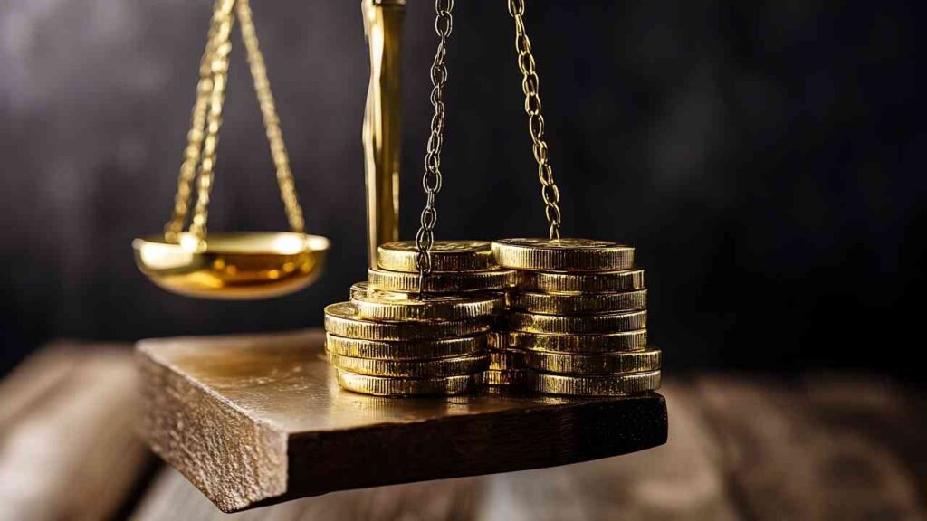 Goldmünzen auf einer Holzplatte neben einer Waage mit einer Schale.