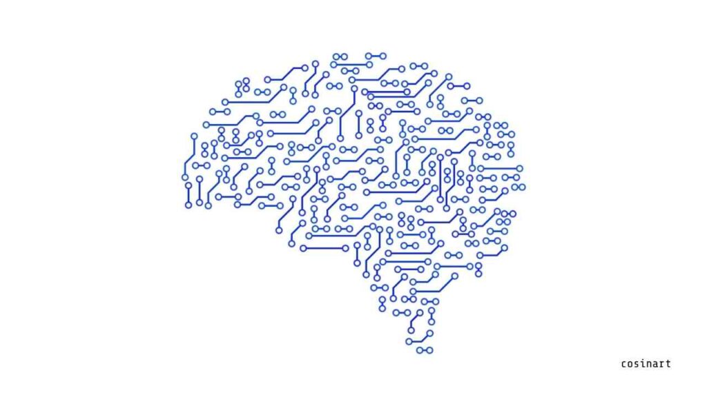 Grafik eines menschlichen Gehirns, das aus blauen Leiterbahnen und Schaltkreisen besteht.