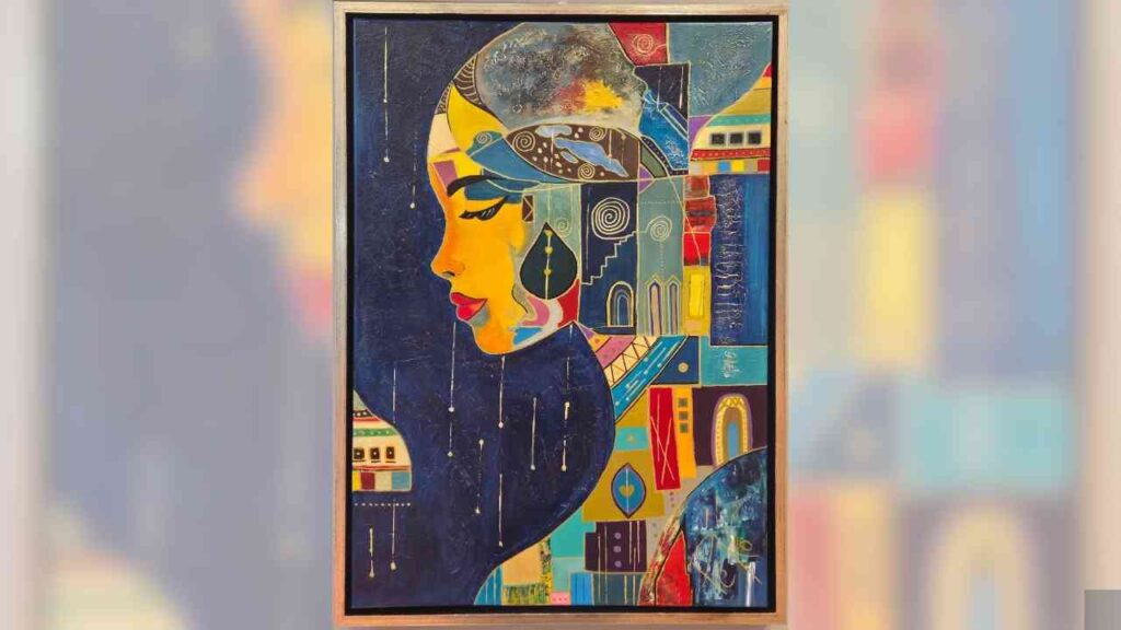 Buntes Gemälde einer stilisierten Frau im Profil mit geometrischen Formen und lebendigen Farben.
