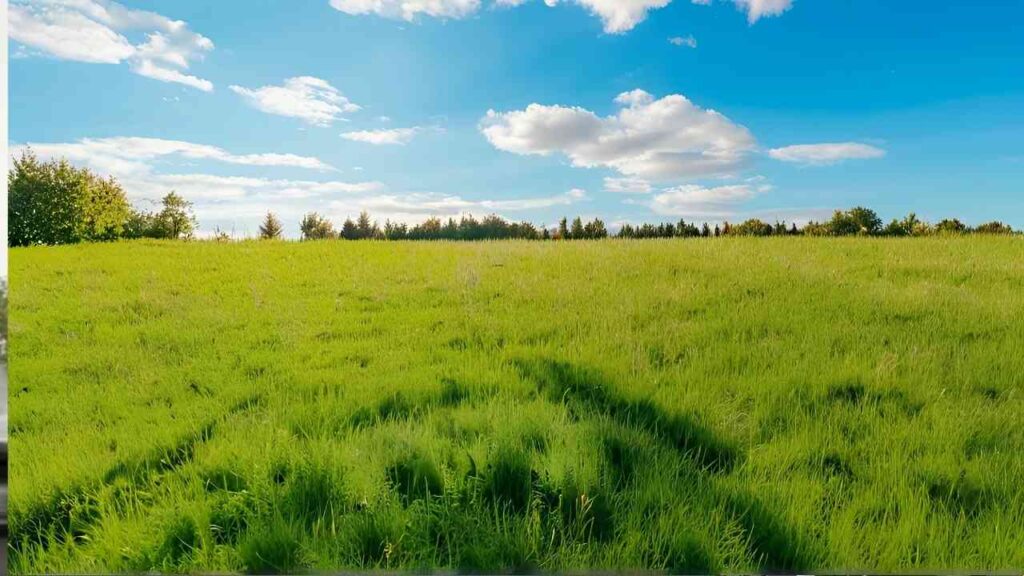 Grünes Feld mit hohem Gras und blauen Himmel mit Wolken im Hintergrund.