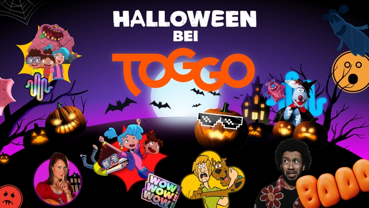 Halloween-Grafik mit bunten Charakteren und Kürbissen, die das TOGGO-Logo umgeben.