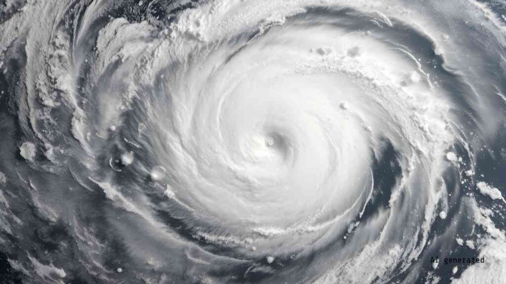 Nahaufnahme eines Hurrikans mit einem klaren Auge und wirbelnden Wolkenformationen.