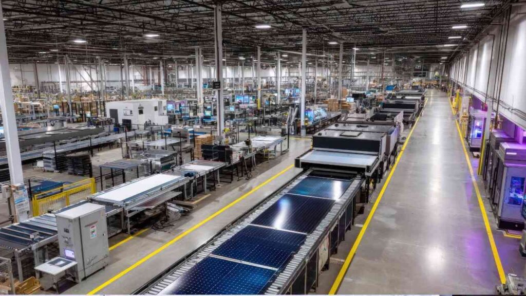 Blick auf eine große Produktionshalle mit mehreren Fertigungsstraßen und Maschinen in einem Industriegebäude.