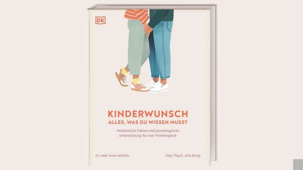 Buchcover mit dem Titel 'Kinderwunsch - Alles, was du wissen musst' und zwei Personen, die sich umarmen.