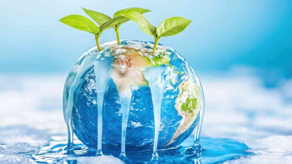 Globale Darstellung der Erde mit grünen Pflanzen und Wasser, das von der Oberfläche tropft.