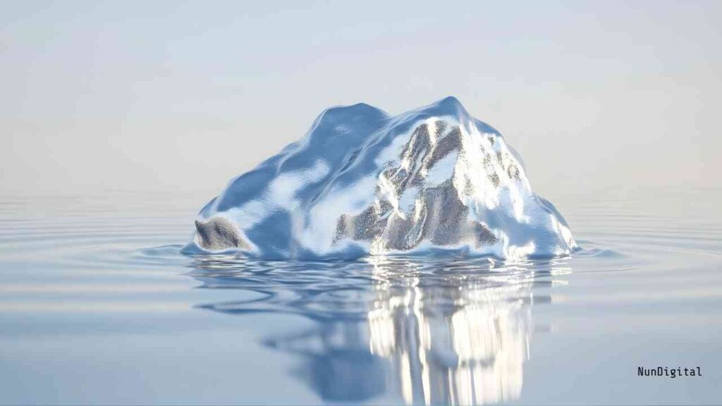 Eisberg, der teilweise aus dem Wasser ragt, mit glitzernder Oberfläche und ruhiger Wasseroberfläche im Hintergrund.