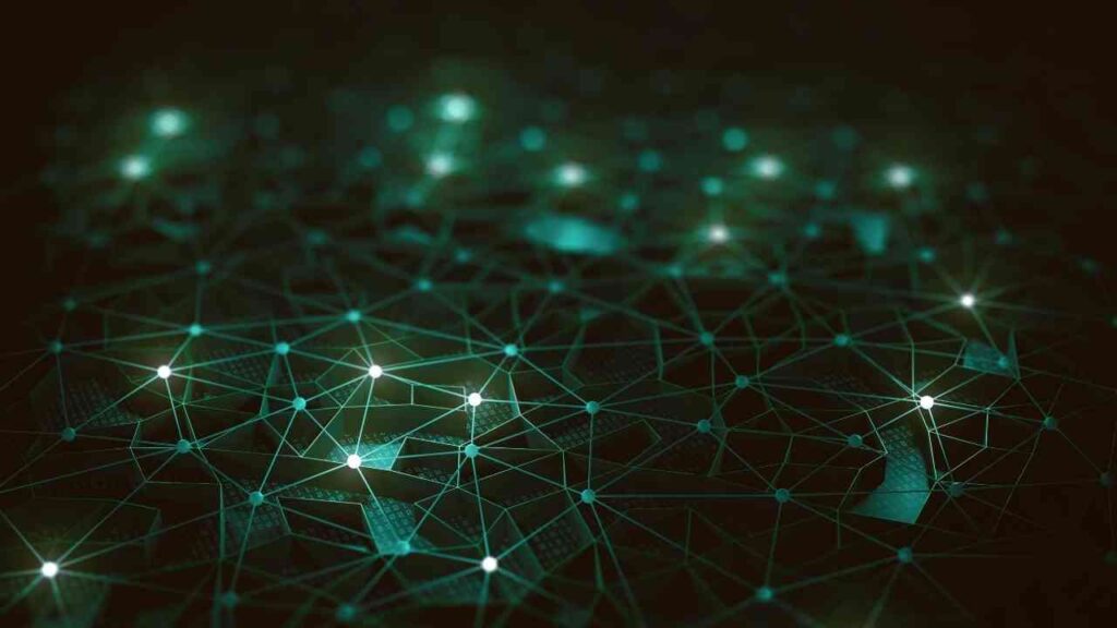 Grafik, die ein Netzwerk mit leuchtenden Punkten und Linien darstellt, auf dunklem Hintergrund.