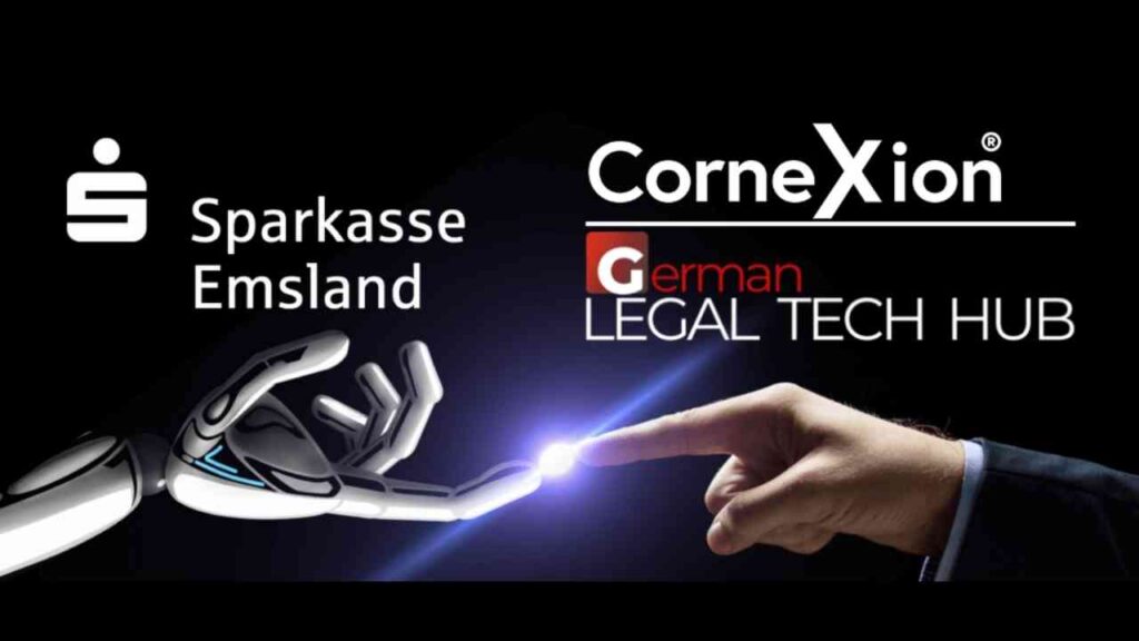Logo von Sparkasse Emsland und CorneXion mit einem Roboterarm, der einen Lichtstrahl berührt.