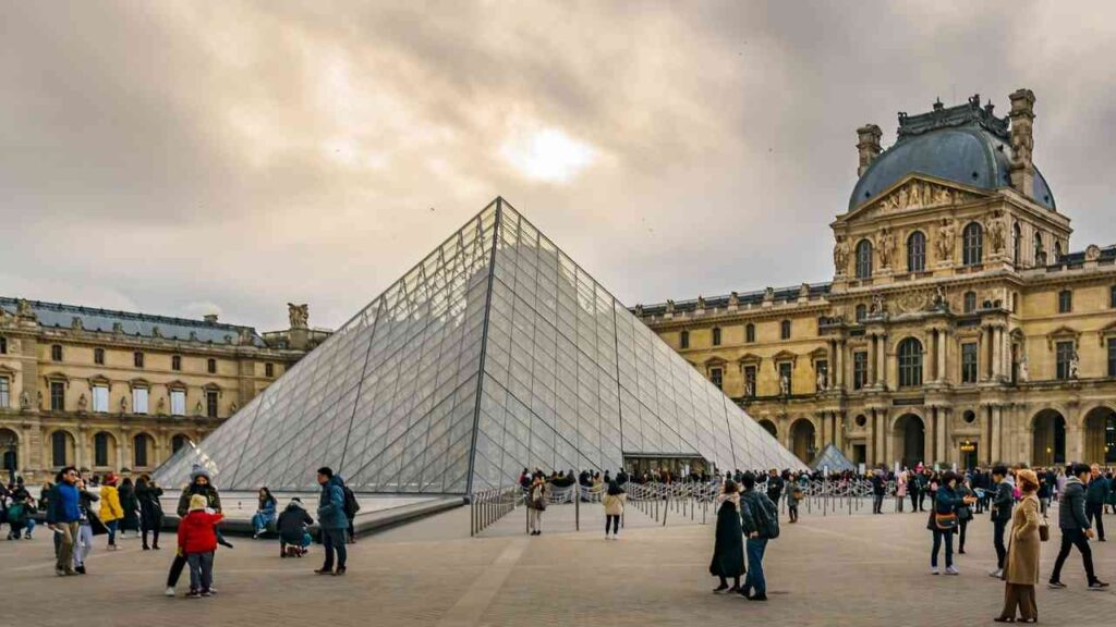 Glaspyramide des Louvre-Museums in Paris mit Besuchern im Freien vor der historischen Architektur.