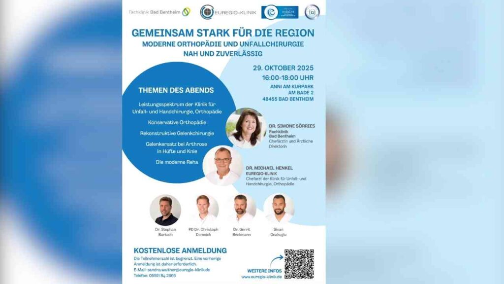 Ein Veranstaltungsplakat für eine Konferenz über moderne Orthopädie und Unfallchirurgie am 29. Oktober 2025 in Bentheim.