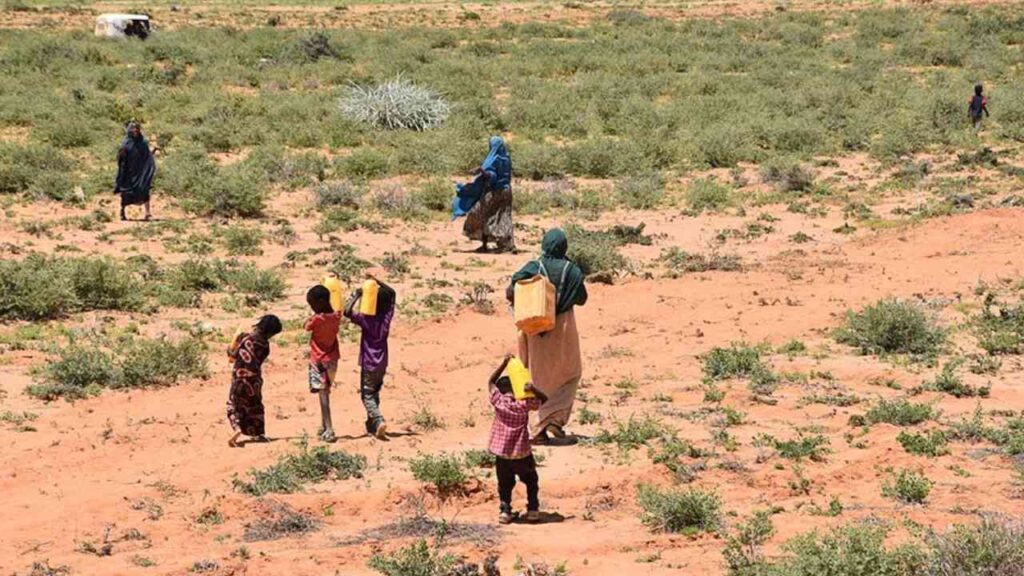 Frauen und Kinder tragen Wasserkanister in einer trockenen, vegetationsarmen Landschaft.