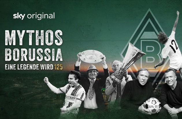 Grafik mit dem Titel 'Mythos Borussia', zeigt verschiedene Personen und Trophäen im Fußballkontext.