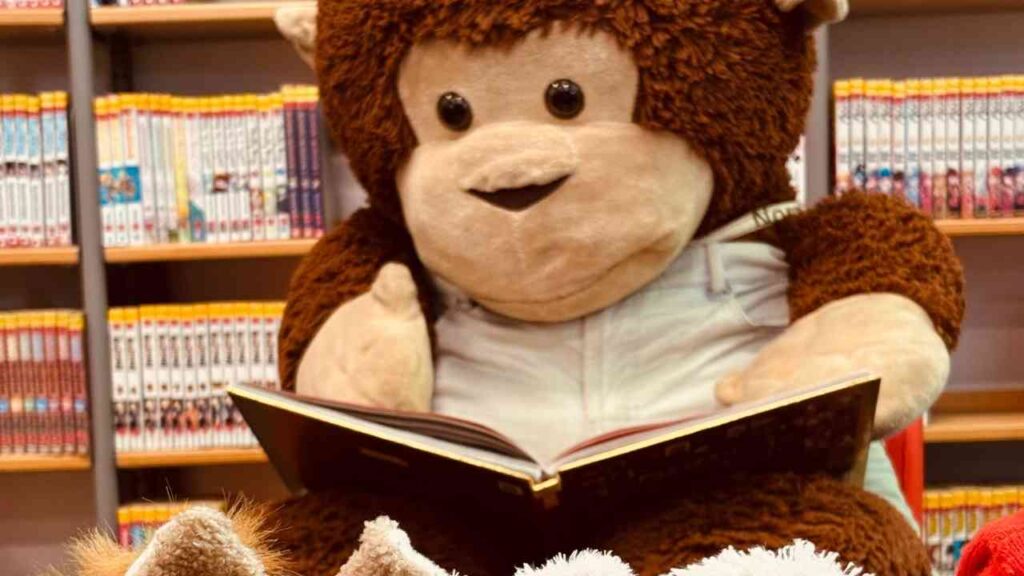 Ein großer, brauner Plüschaffe sitzt und liest ein Buch, umgeben von mehreren kleinen Plüschspielzeugen.