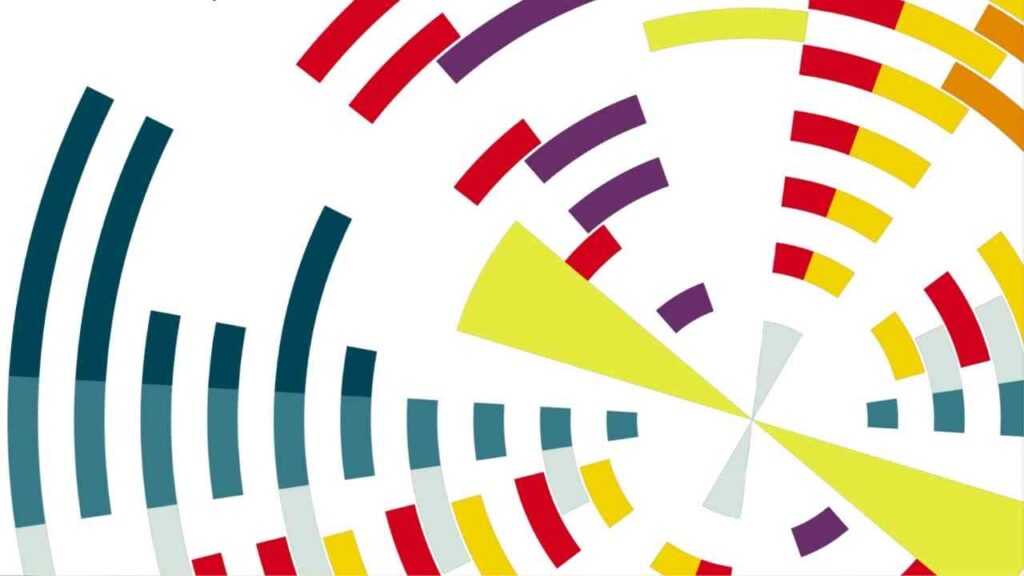 Abstrakte grafische Darstellung mit bunten Linien und Formen in verschiedenen Farben und Anordnungen.