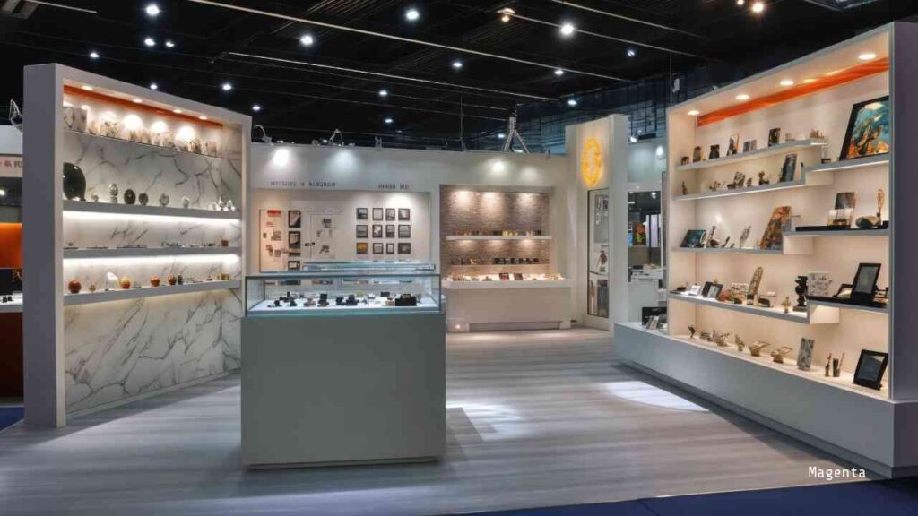 Ausstellungsstand mit Vitrinen und Regalen, die verschiedene Objekte und Kunstwerke präsentieren.