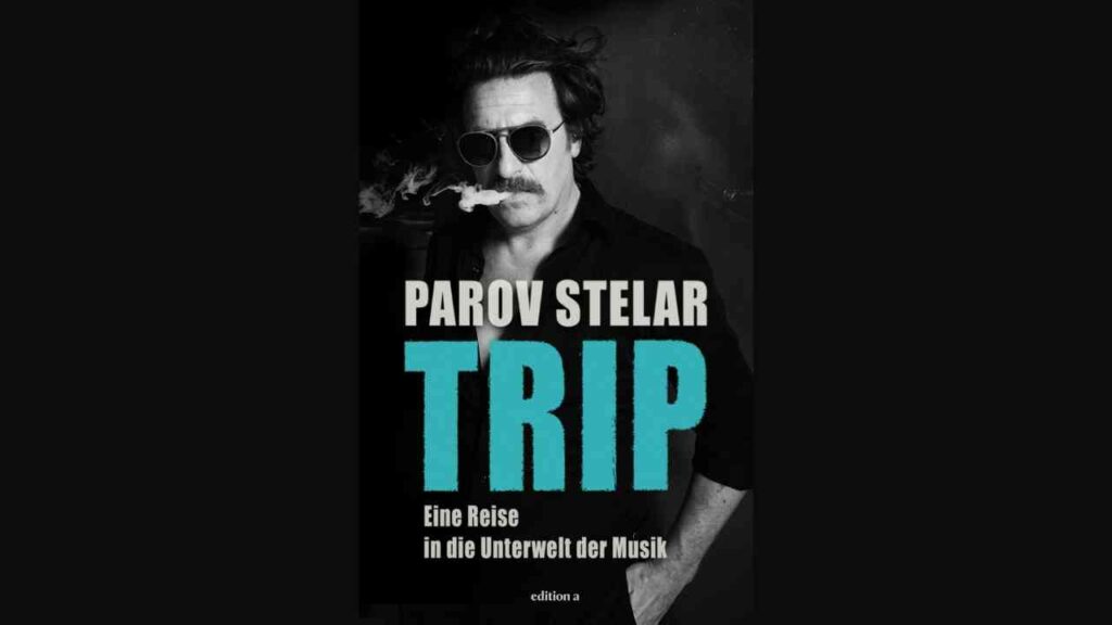 Buchcover von Parov Stelar mit dem Titel 'TRIP' und einem Porträt des Künstlers in Schwarz-Weiß.