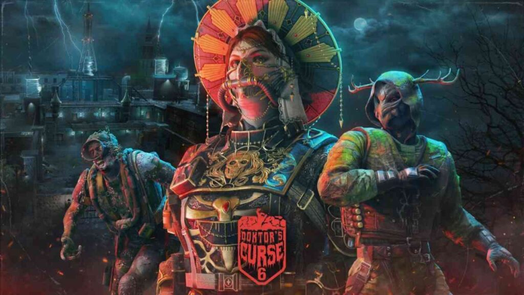 Charaktere aus dem Spiel Rainbow Six Siege, dargestellt in einer düsteren, farbenfrohen Grafik mit verschiedenen Details.