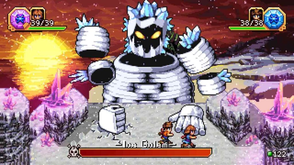 Ein großer Golem mit leuchtenden Augen und eisigen Armen in einer fantastischen Landschaft mit Sonnenuntergang.